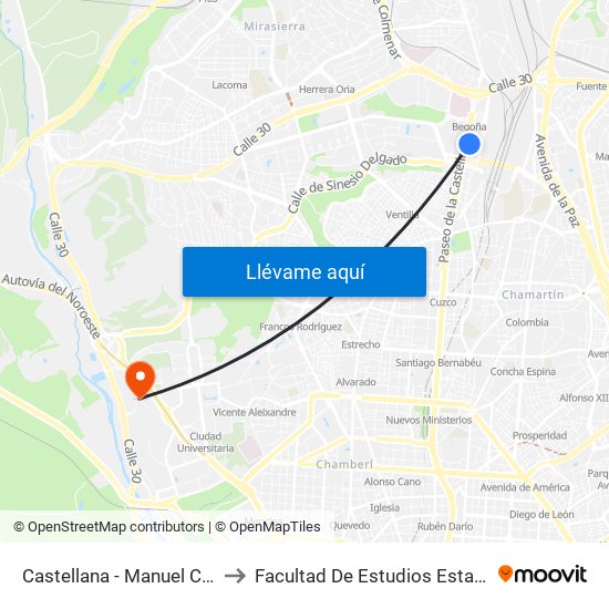 Castellana - Manuel Caldeiro to Facultad De Estudios Estadísticos map