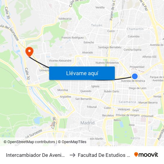 Intercambiador De Avenida De América to Facultad De Estudios Estadísticos map