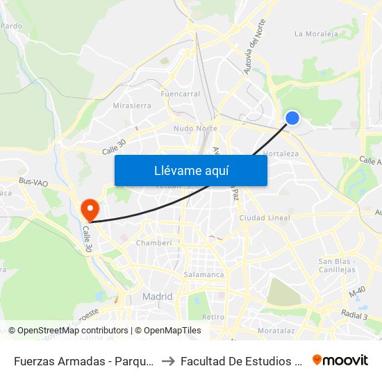 Fuerzas Armadas - Parque Valdebebas to Facultad De Estudios Estadísticos map