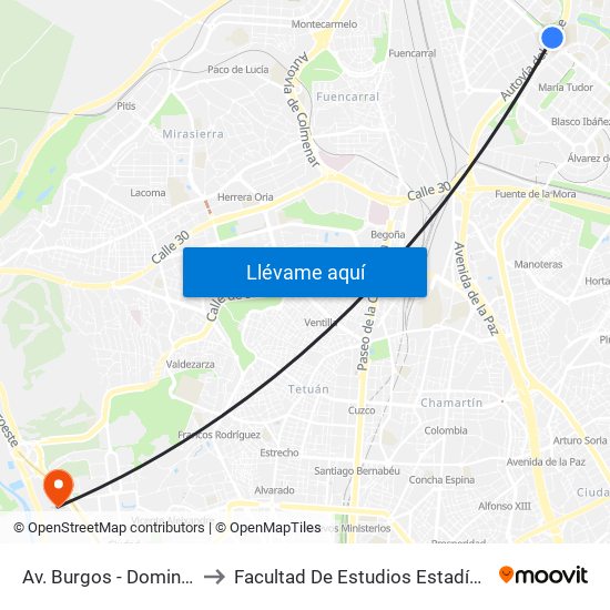 Av. Burgos - Dominicos to Facultad De Estudios Estadísticos map