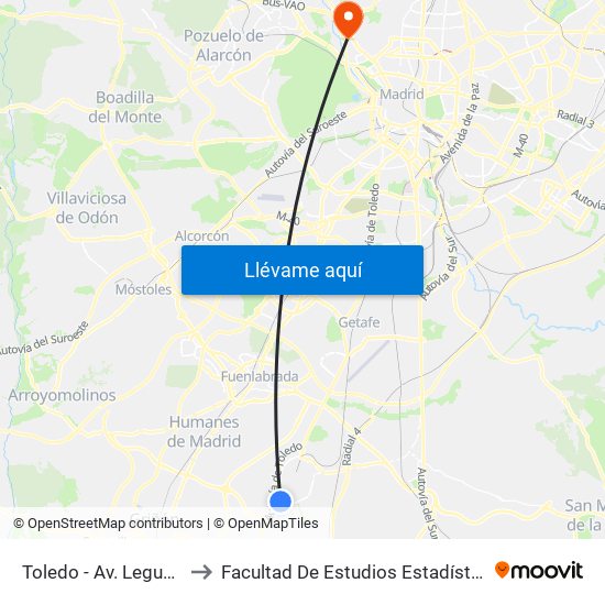 Toledo - Av. Leguario to Facultad De Estudios Estadísticos map