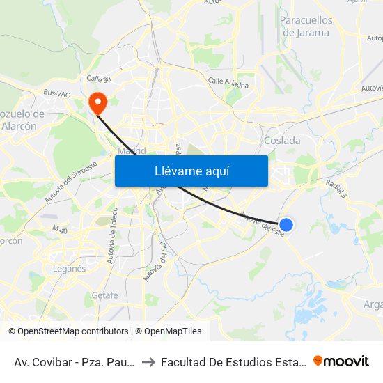 Av. Covibar - Pza. Pau Casals to Facultad De Estudios Estadísticos map