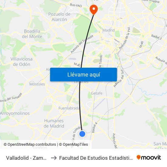 Valladolid - Zamora to Facultad De Estudios Estadísticos map