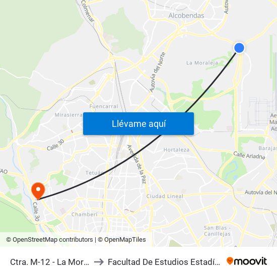 Ctra. M-12 - La Moraleja to Facultad De Estudios Estadísticos map