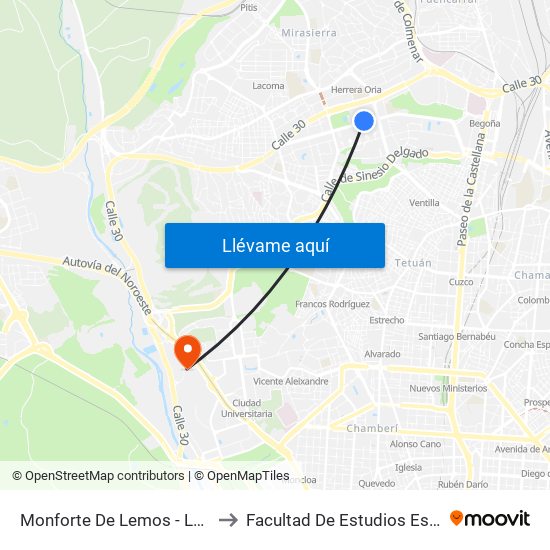 Monforte De Lemos - La Vaguada to Facultad De Estudios Estadísticos map