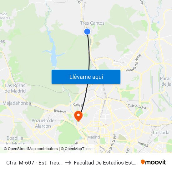 Ctra. M-607 - Est. Tres Cantos to Facultad De Estudios Estadísticos map