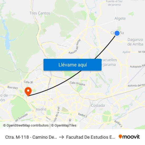 Ctra. M-118 - Camino De La Dehesa to Facultad De Estudios Estadísticos map