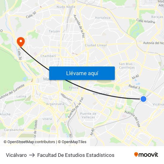 Vicálvaro to Facultad De Estudios Estadísticos map