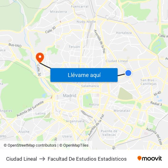 Ciudad Lineal to Facultad De Estudios Estadísticos map