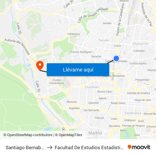 Santiago Bernabéu to Facultad De Estudios Estadísticos map