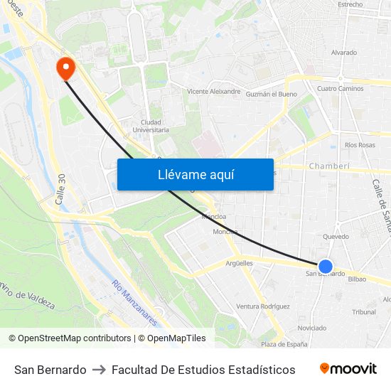 San Bernardo to Facultad De Estudios Estadísticos map