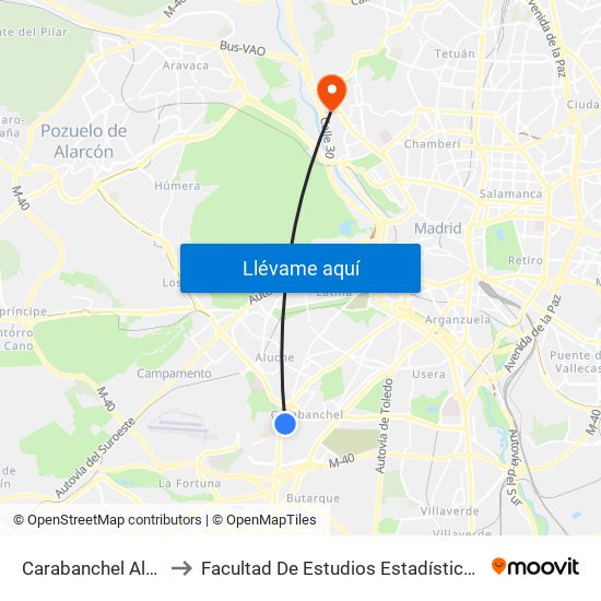 Carabanchel Alto to Facultad De Estudios Estadísticos map