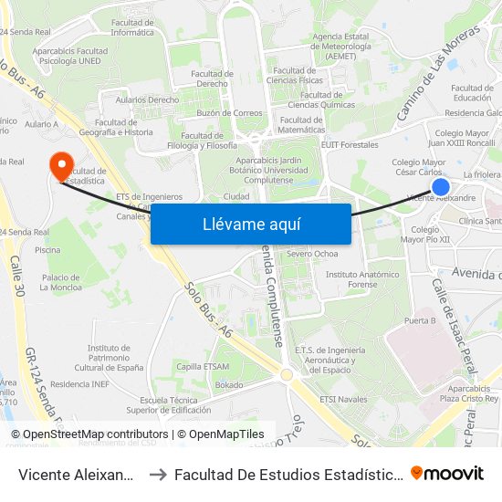 Vicente Aleixandre to Facultad De Estudios Estadísticos map