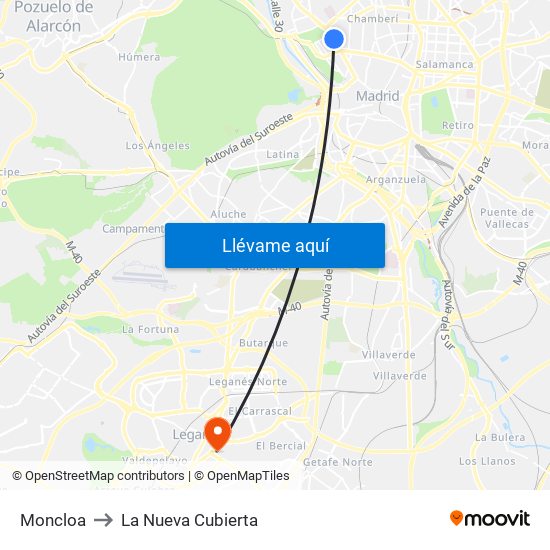 Moncloa to La Nueva Cubierta map