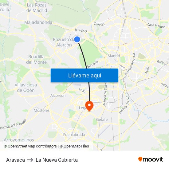 Aravaca to La Nueva Cubierta map