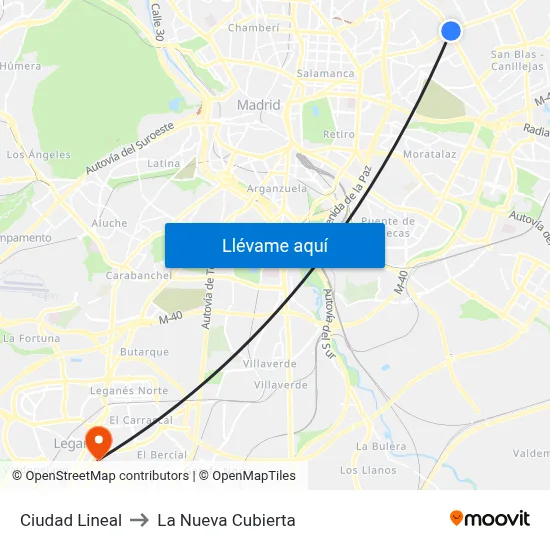 Ciudad Lineal to La Nueva Cubierta map