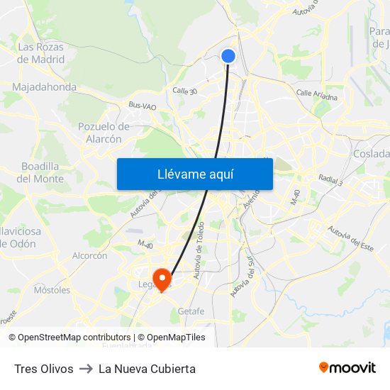 Tres Olivos to La Nueva Cubierta map