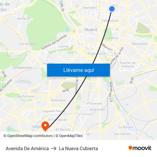 Avenida De América to La Nueva Cubierta map