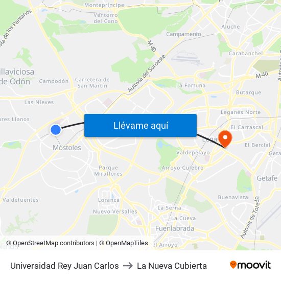 Universidad Rey Juan Carlos to La Nueva Cubierta map
