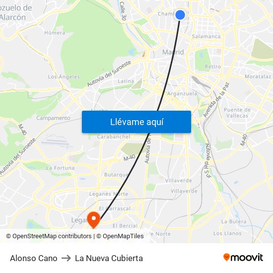 Alonso Cano to La Nueva Cubierta map