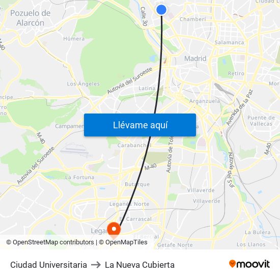 Ciudad Universitaria to La Nueva Cubierta map