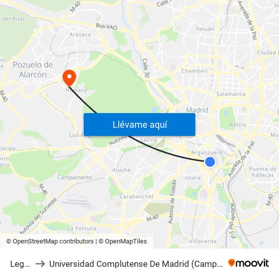 Legazpi to Universidad Complutense De Madrid (Campus De Somosaguas) map