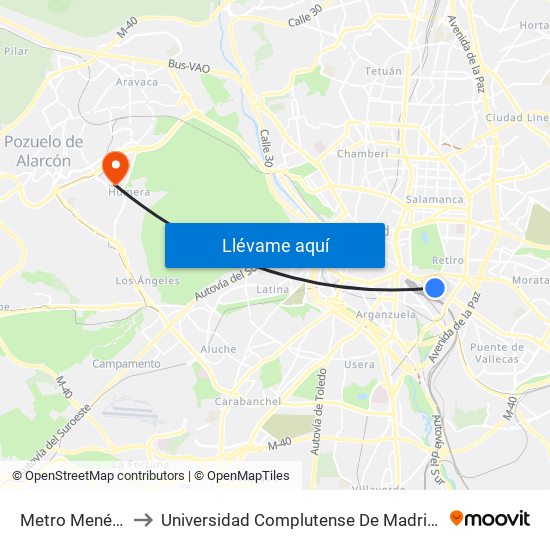 Metro Menéndez Pelayo to Universidad Complutense De Madrid (Campus De Somosaguas) map