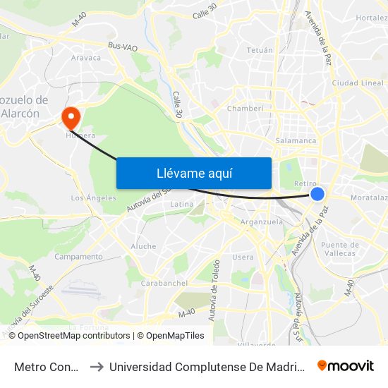 Metro Conde De Casal to Universidad Complutense De Madrid (Campus De Somosaguas) map