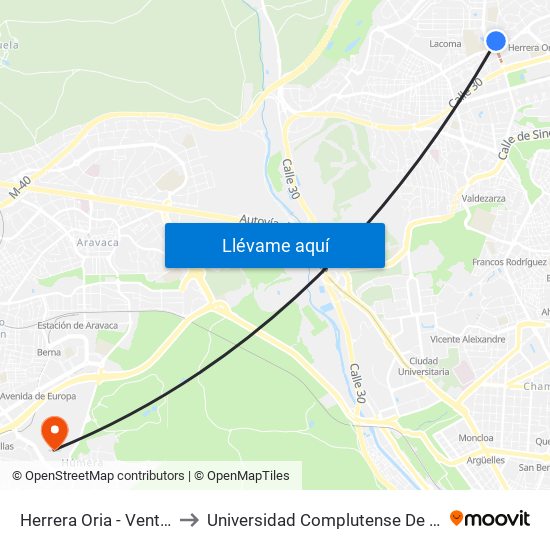 Herrera Oria - Ventisquero De La Condesa to Universidad Complutense De Madrid (Campus De Somosaguas) map