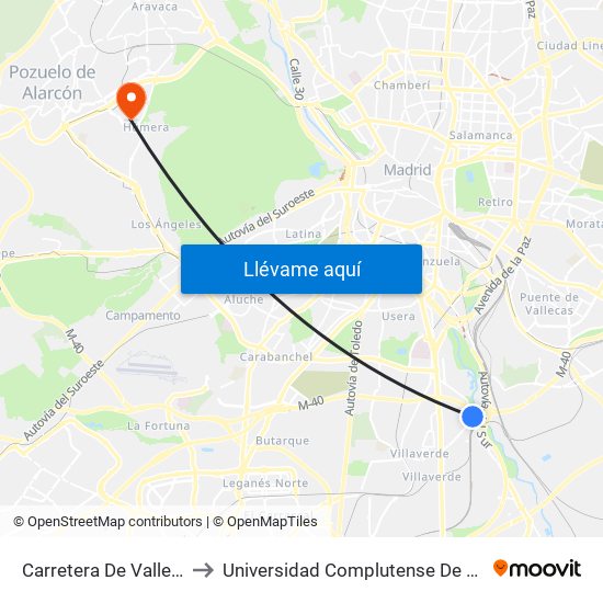 Carretera De Vallecas - Avenida Rosales to Universidad Complutense De Madrid (Campus De Somosaguas) map