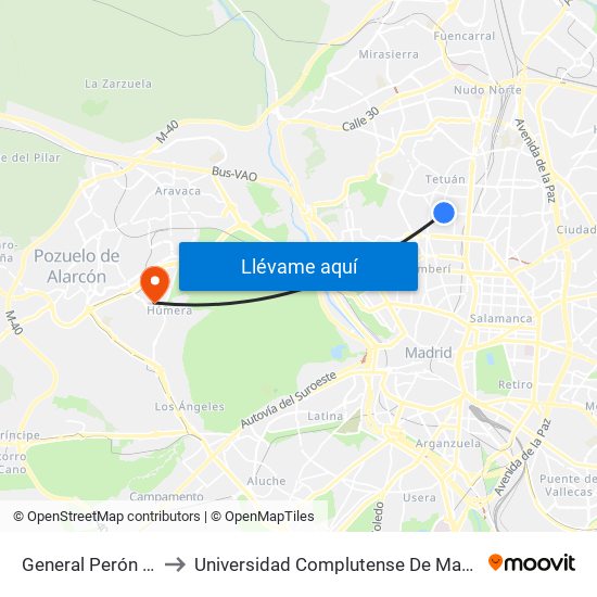 General Perón - Aviador Zorita to Universidad Complutense De Madrid (Campus De Somosaguas) map