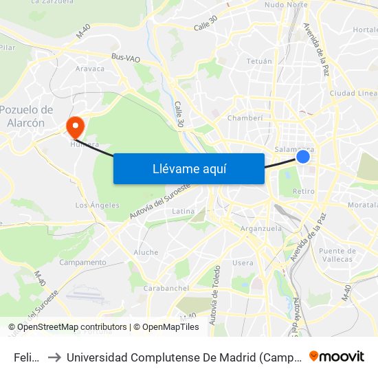 Felipe II to Universidad Complutense De Madrid (Campus De Somosaguas) map