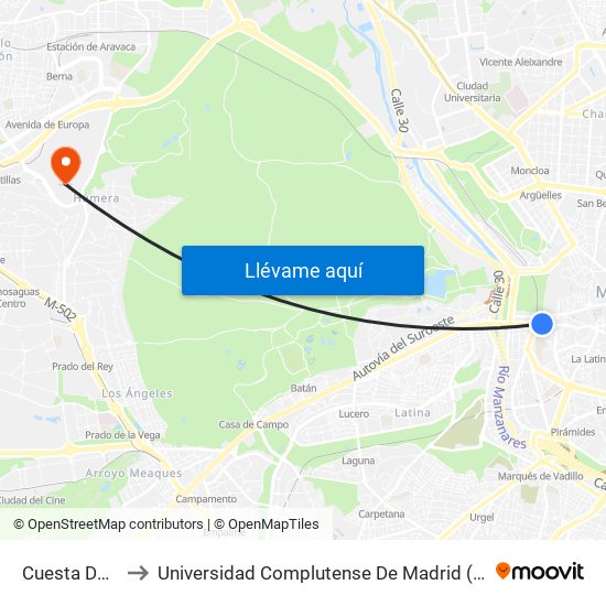 Cuesta De La Vega to Universidad Complutense De Madrid (Campus De Somosaguas) map