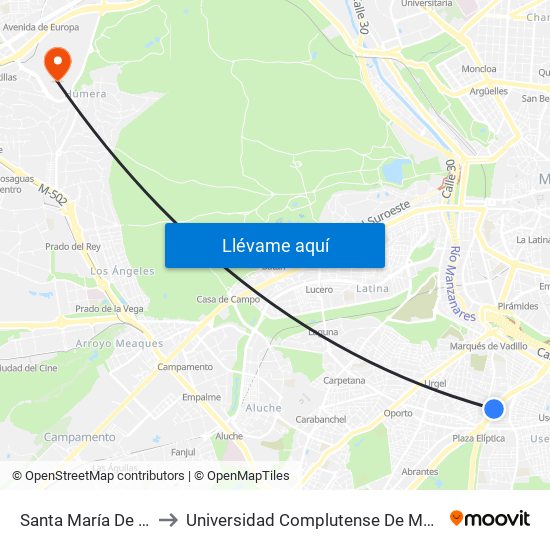 Santa María De La Cabeza - Zújar to Universidad Complutense De Madrid (Campus De Somosaguas) map