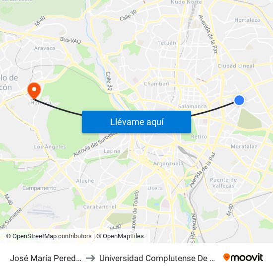 José María Pereda - Carlos Hernández to Universidad Complutense De Madrid (Campus De Somosaguas) map