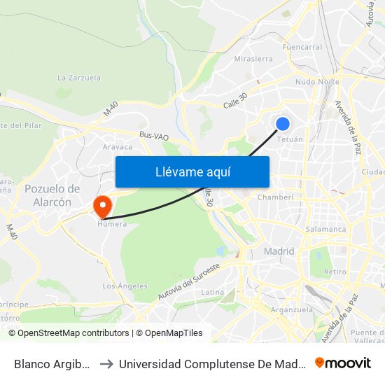 Blanco Argibay - Moquetas to Universidad Complutense De Madrid (Campus De Somosaguas) map
