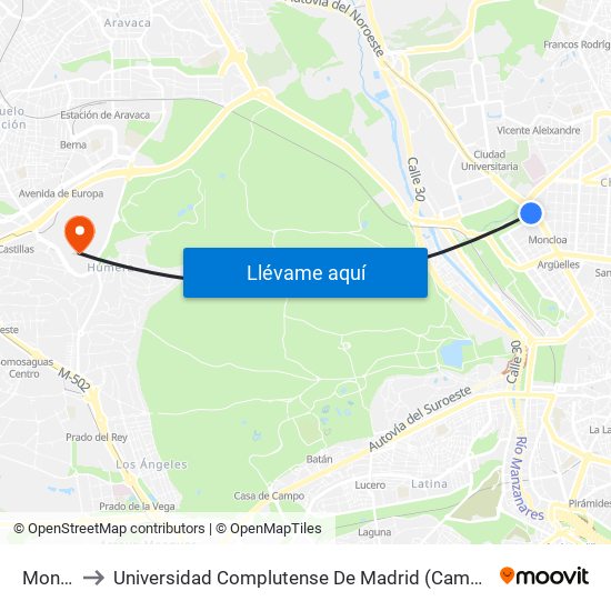 Moncloa to Universidad Complutense De Madrid (Campus De Somosaguas) map