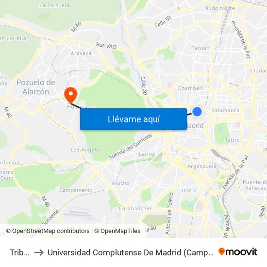 Tribunal to Universidad Complutense De Madrid (Campus De Somosaguas) map