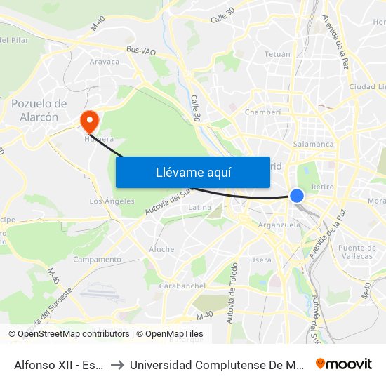 Alfonso XII - Estación De Atocha to Universidad Complutense De Madrid (Campus De Somosaguas) map