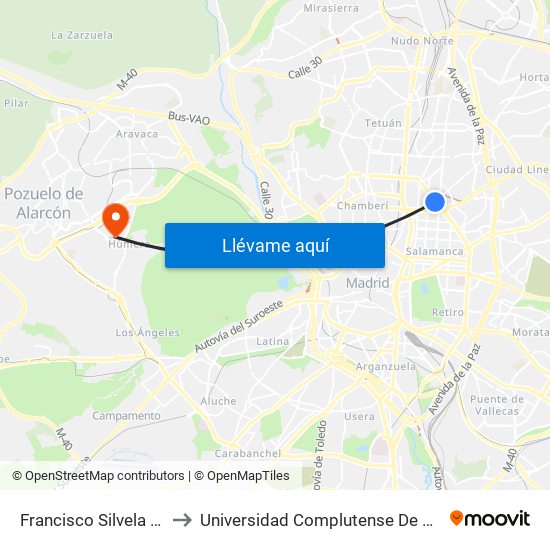 Francisco Silvela - Príncipe De Vergara to Universidad Complutense De Madrid (Campus De Somosaguas) map