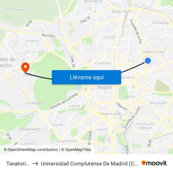 Tanatorio M-30 to Universidad Complutense De Madrid (Campus De Somosaguas) map