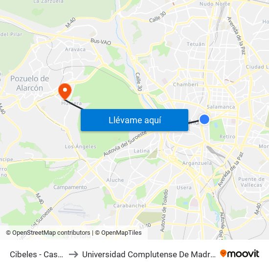 Cibeles - Casa De América to Universidad Complutense De Madrid (Campus De Somosaguas) map