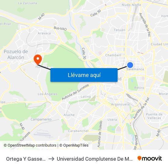 Ortega Y Gasset - Claudio Coello to Universidad Complutense De Madrid (Campus De Somosaguas) map