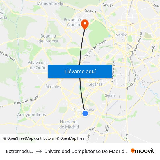 Extremadura - Fuente to Universidad Complutense De Madrid (Campus De Somosaguas) map