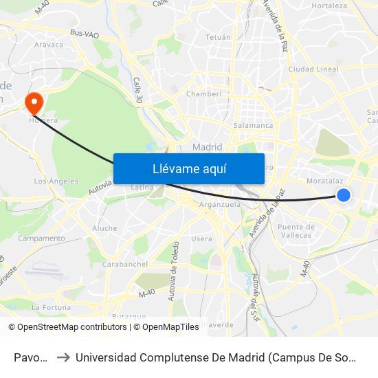 Pavones to Universidad Complutense De Madrid (Campus De Somosaguas) map