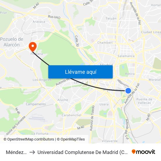 Méndez Álvaro to Universidad Complutense De Madrid (Campus De Somosaguas) map