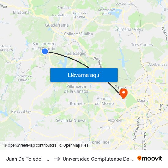 Juan De Toledo - Estación De Autobuses to Universidad Complutense De Madrid (Campus De Somosaguas) map