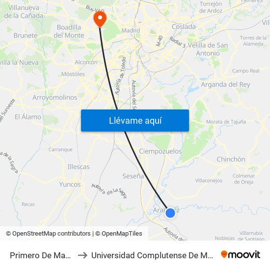 Primero De Mayo - Polideportivo to Universidad Complutense De Madrid (Campus De Somosaguas) map