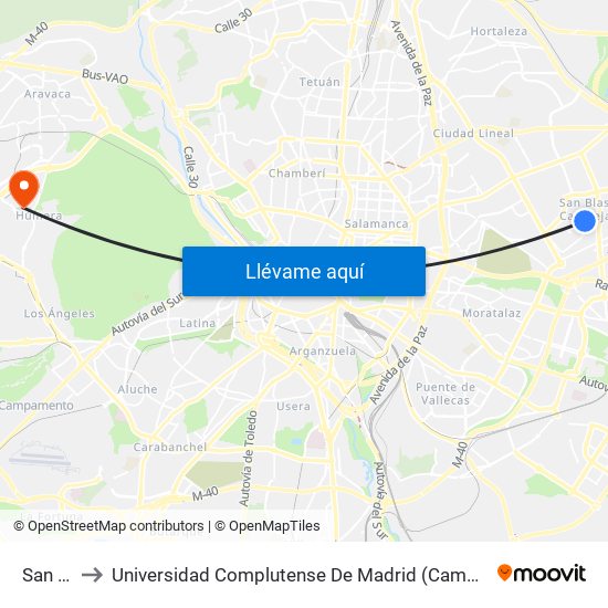 San Blas to Universidad Complutense De Madrid (Campus De Somosaguas) map