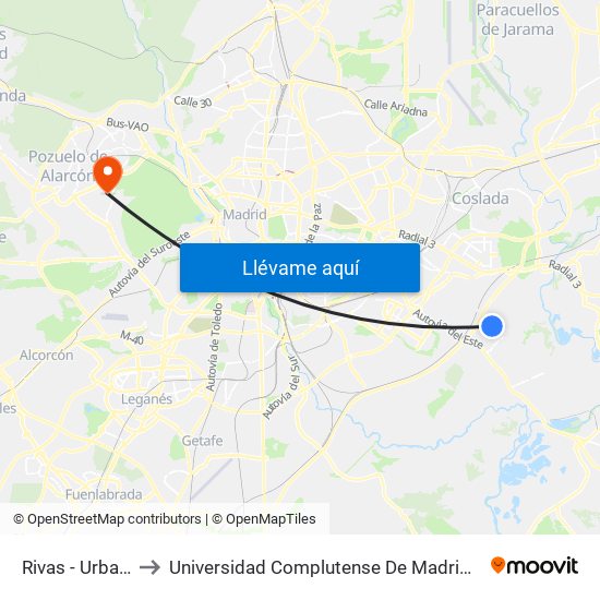 Rivas - Urbanizaciones to Universidad Complutense De Madrid (Campus De Somosaguas) map